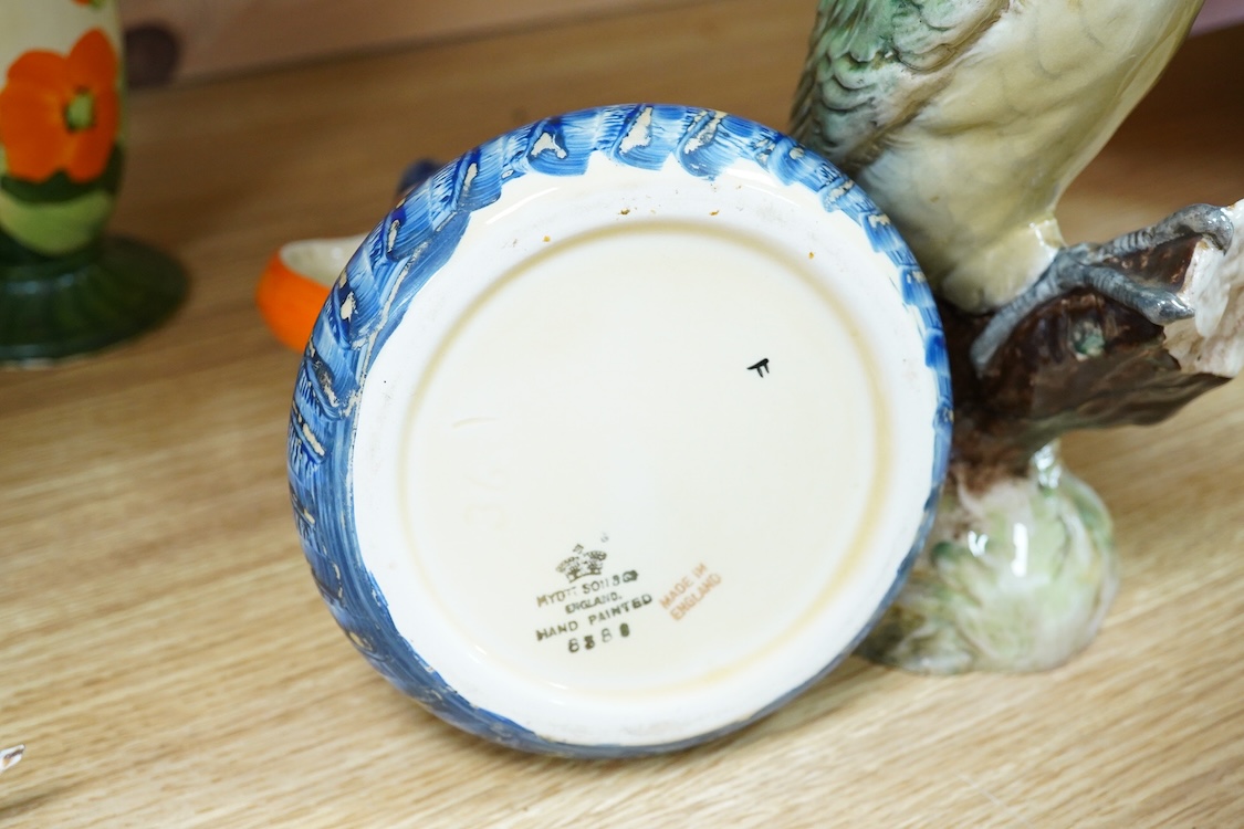 A Beswick woodpecker, two Myott jugs and two Wedgwood teapots and covers, largest 22cm